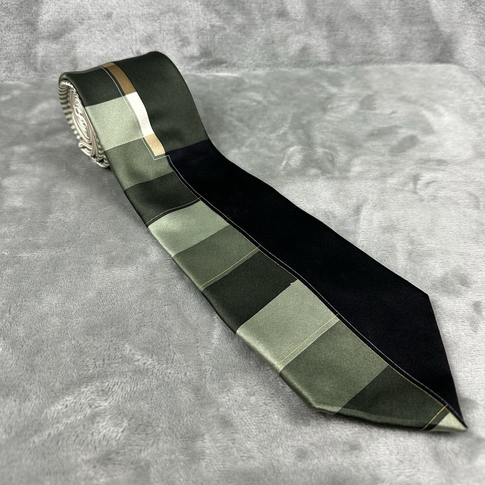 Fubu 100% Silk Neck Tie 3.5" x 63" Green Gold Black Geometric Panel Pattern